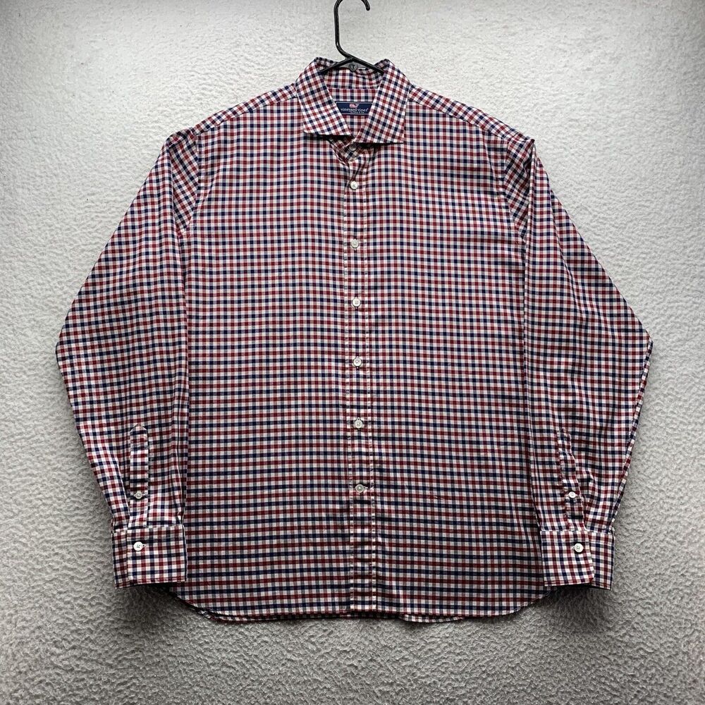 Vineyard VInes Button Up Shirt Mens XL Red Blue Check Preppy Golf Made In Italy